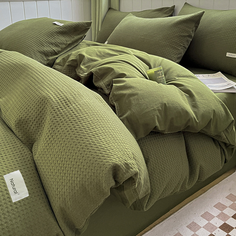 Light Luxury High-end Waffle Pure Cotton Bed Four-piece Set 100 Cotton Bedding Dormitory Bed Sheet Three-piece Set Quilt Cover 4