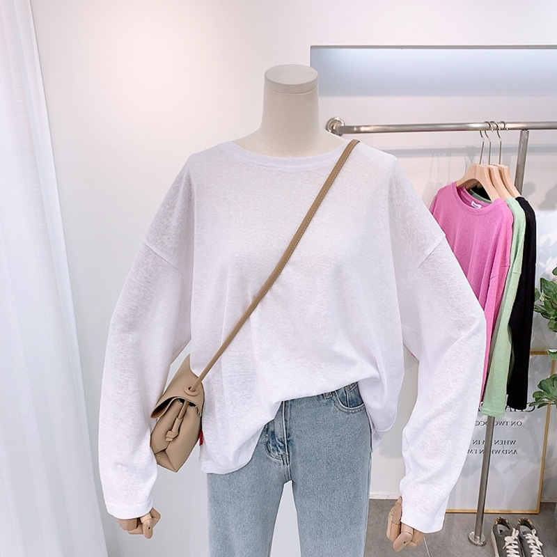 Long-Sleeved T-Shirt for Women Spring and Summer 2025 Cross-Border K-Style Ins Trbottomy Pure Color Versatile Thin Loose Bottoming Shirt Clothes