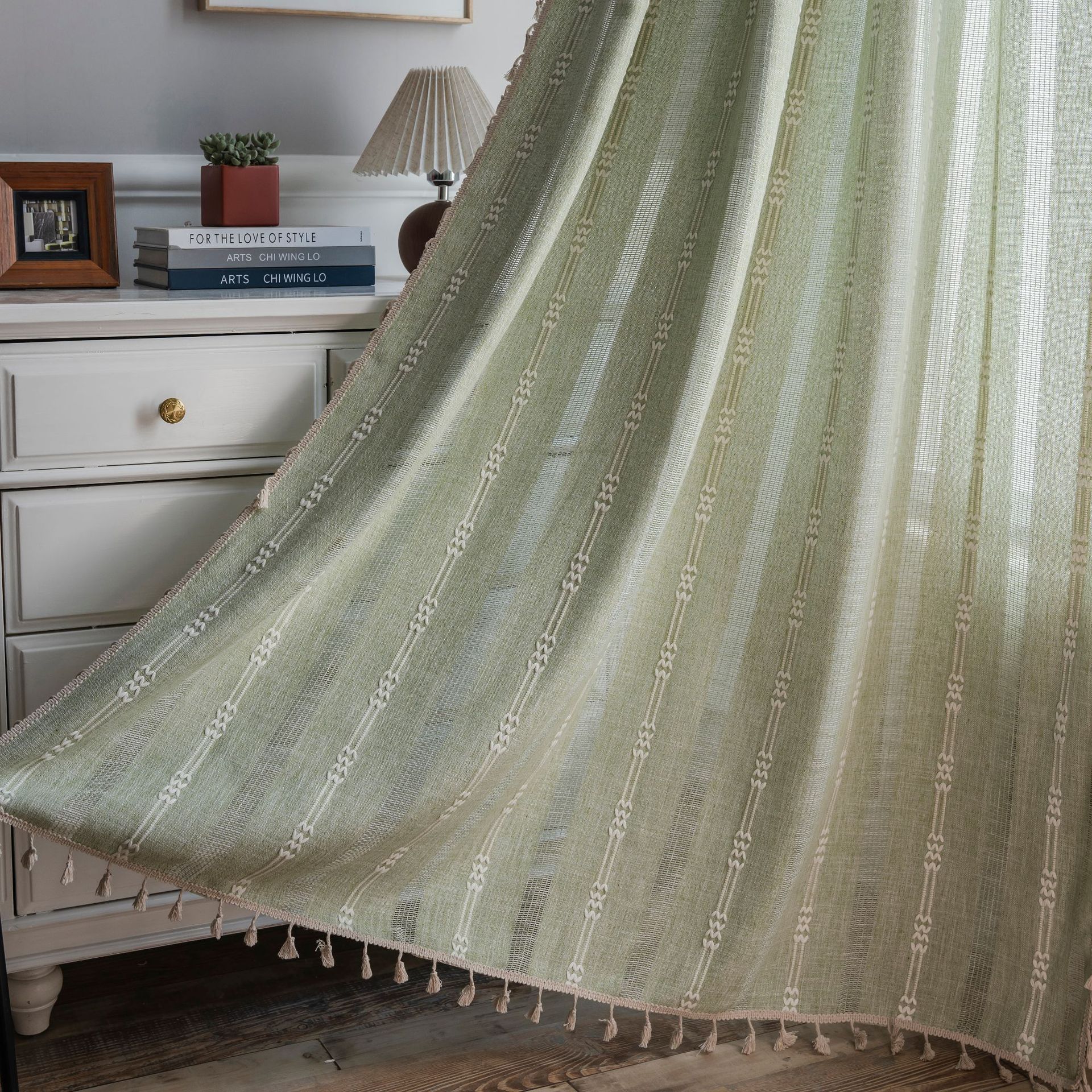 Picture of Yuman Qiyun Curtain Finished Green Plain Stripe Embroidered Curtain Semi-Shaded Hollow Kitchen Living Room Window Curtain