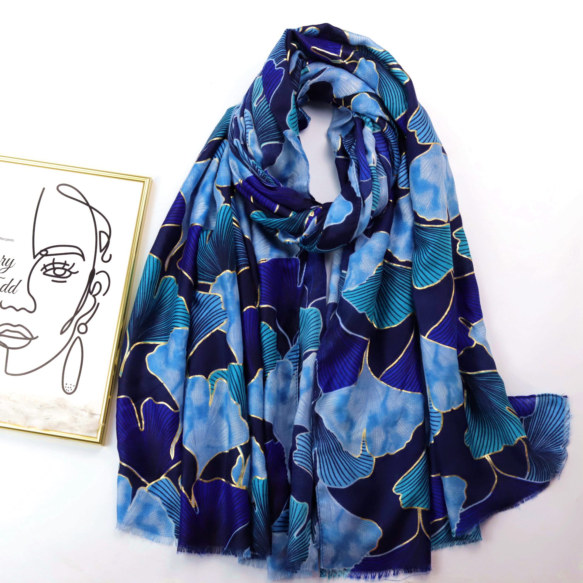 Picture of Factory Sold Cross-border Foreign Trade Bronzing Color Ginkgo Printed Long Scarf Satin Cotton Women's Autumn and Winter Scarf Warm Sunscreen Shawl