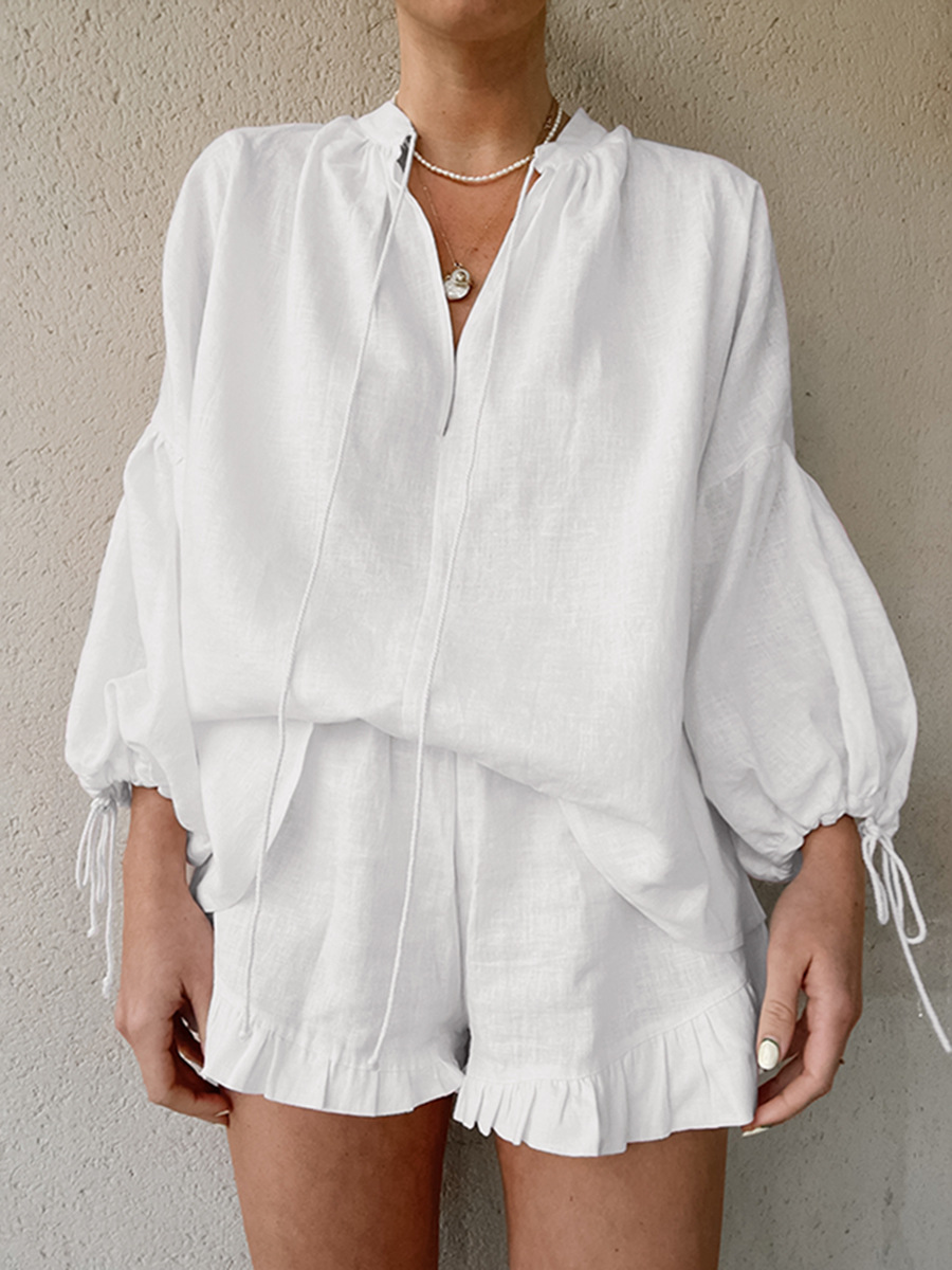 2024 Autumn European and American Design White Cotton and Linen Suit Women's Casual Fashion Lantern Sleeve Top Shorts Two-Piece Set