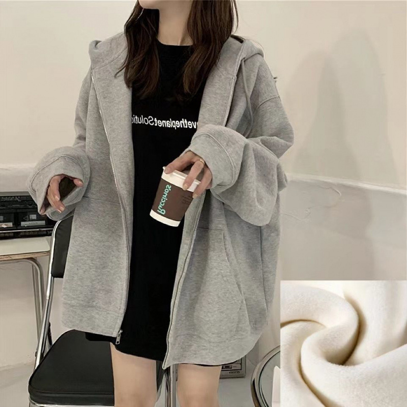 Picture of Hooded Sweater Jacket Women's 2024 New Retro Spring Autumn Winter fleece-lined Thickened All-match Loose Zipper Casual Cardigan