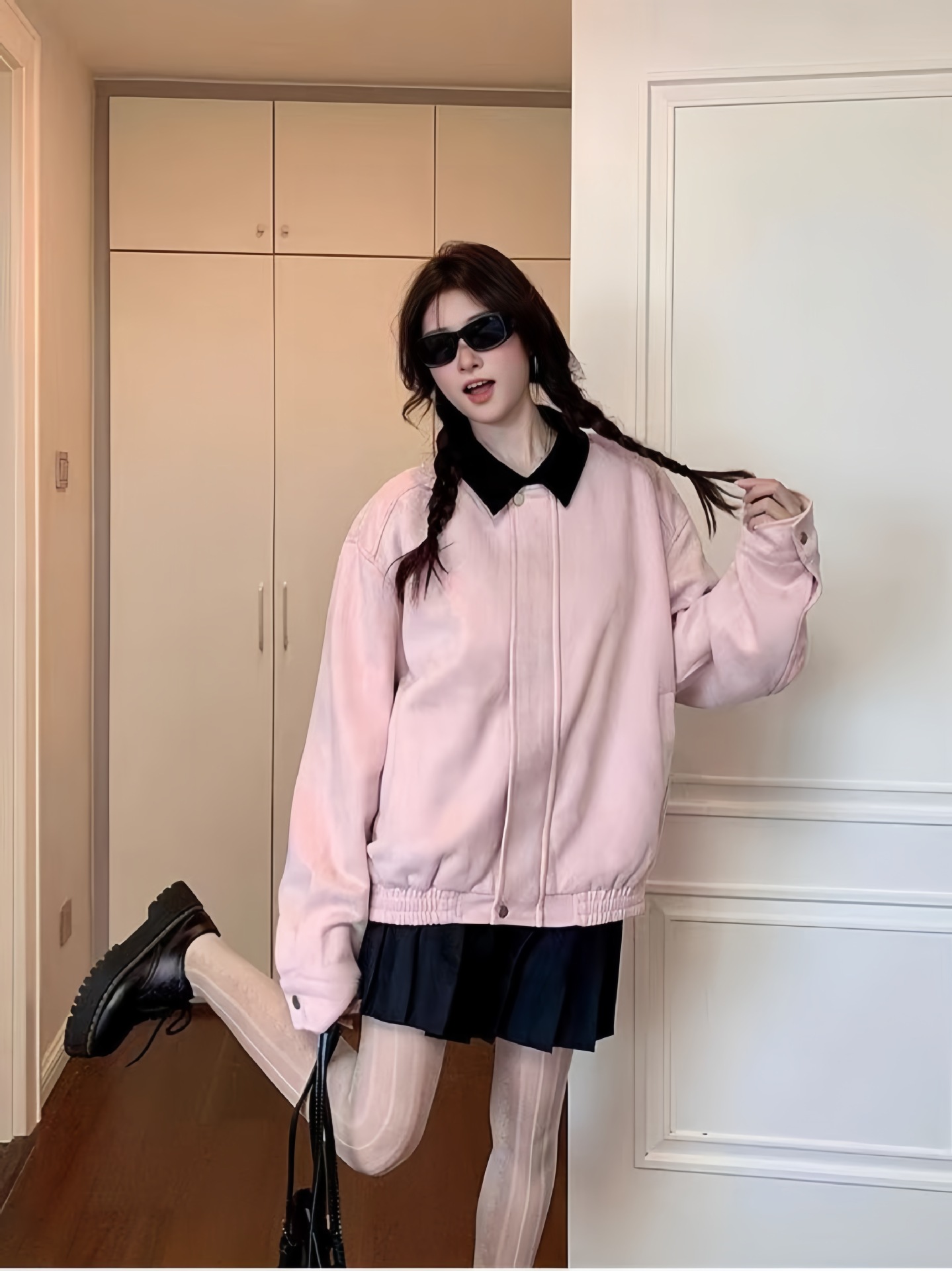 American Retro Baseball Uniform Casual Tops Top Women's Early Autumn 2025 New Pink Lapel Tops Autumn and Winter