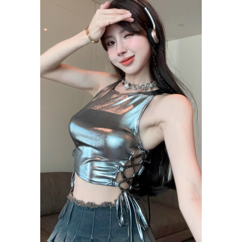 Summer Hollow Lace-up Korean Style Camisole Hot Girl Sexy Short Slim-fit Slimming Sleeveless silver Top