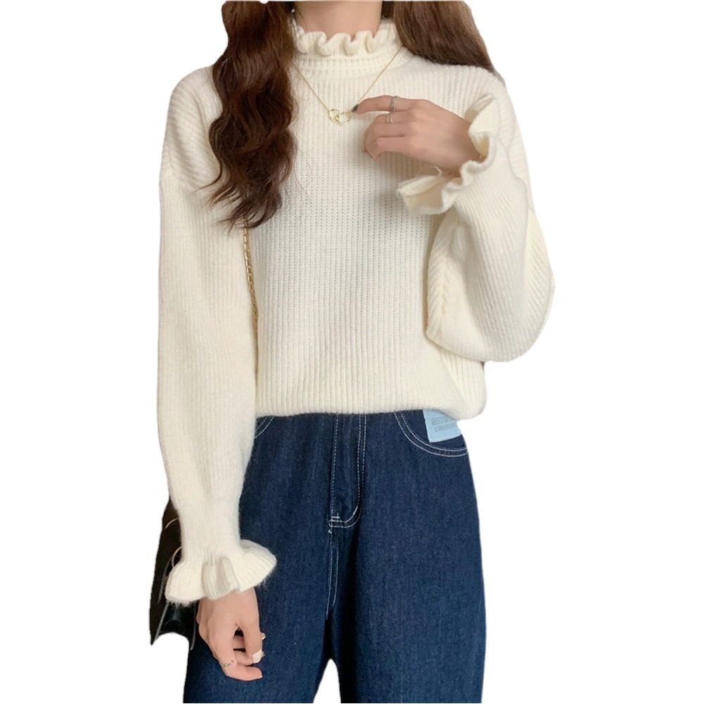 Women's Sweater for Layering, 2025 Autumn and Winter New Style, Stylish Ruffled Half-High Collar Knitted Base Shirt, Winter Trend