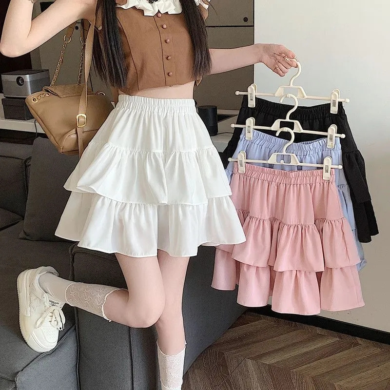 Black skirt women's summer lotus leaf pear-shaped high waist A- line cake skirt small fluffy short skirt