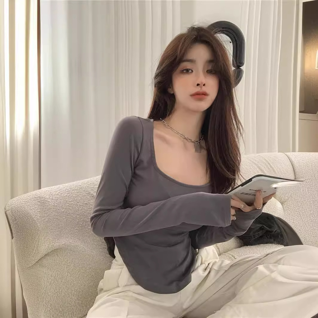 Foreign Trade Wholesale 2025 Autumn U-Neck Pure Color Sexy Low-Neck Asymmetrical Slim Long-Sleeved T-Shirt Women's Trendy Cross-Border Wholesale