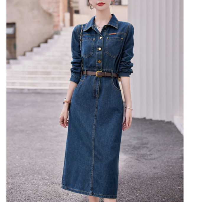 2024 Spring New Waist Slimming Elegant Goddess Denim dress Women's Long Dress Spring and Autumn Denim Dress for Children