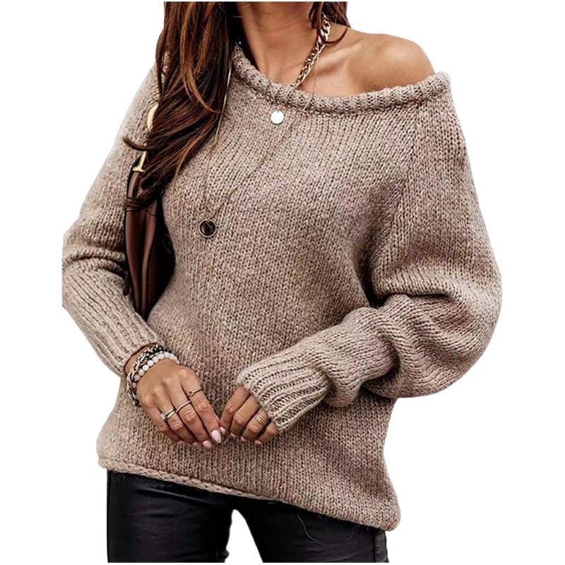 Picture of Cross-Border Amazon Autumn and Winter Off-Shoulder Sexy Round Neck Pullover Sweater Solid Color Casual Loose Large Size Sweater for Women
