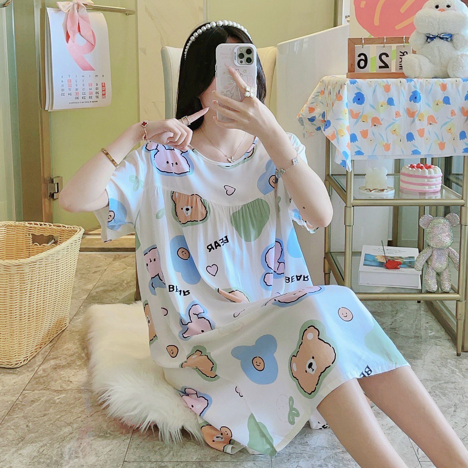 Picture of Cotton Silk Nightgown Women's Spring and Autumn Summer Thin Pajamas Korean Sweet Girls Online Celebrant Live Explosions Home Outwear Skirt
