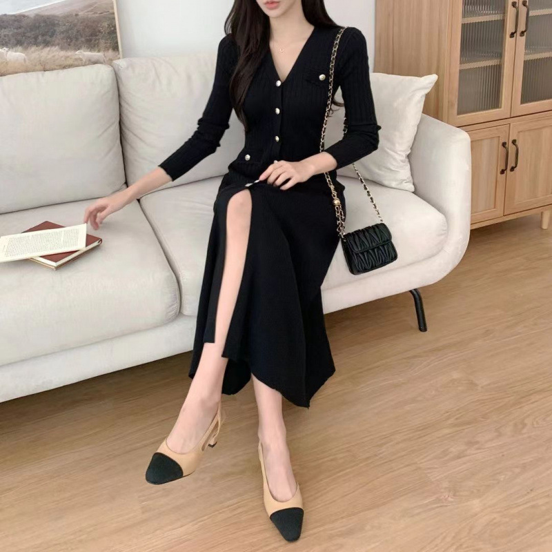 Foreign Trade Women's South Korea Chic Autumn and Winter New Elegant V-neck Slim-fit Long Dress Fashion Hip Bottoming Woolen Dress Fish