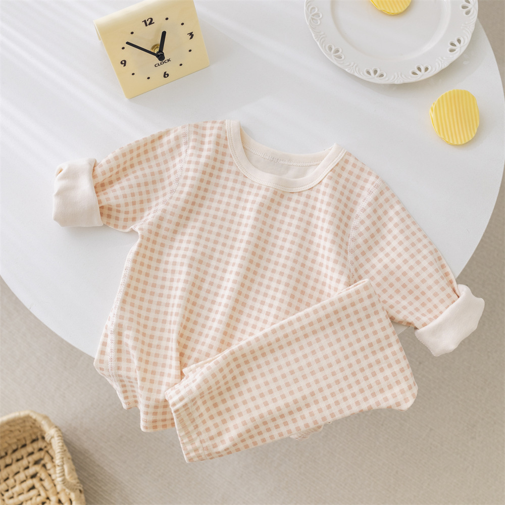 Picture of ins Plaid children's home wear underwear suit boys and girls baby bottoming clothes children's autumn clothes long pants suit