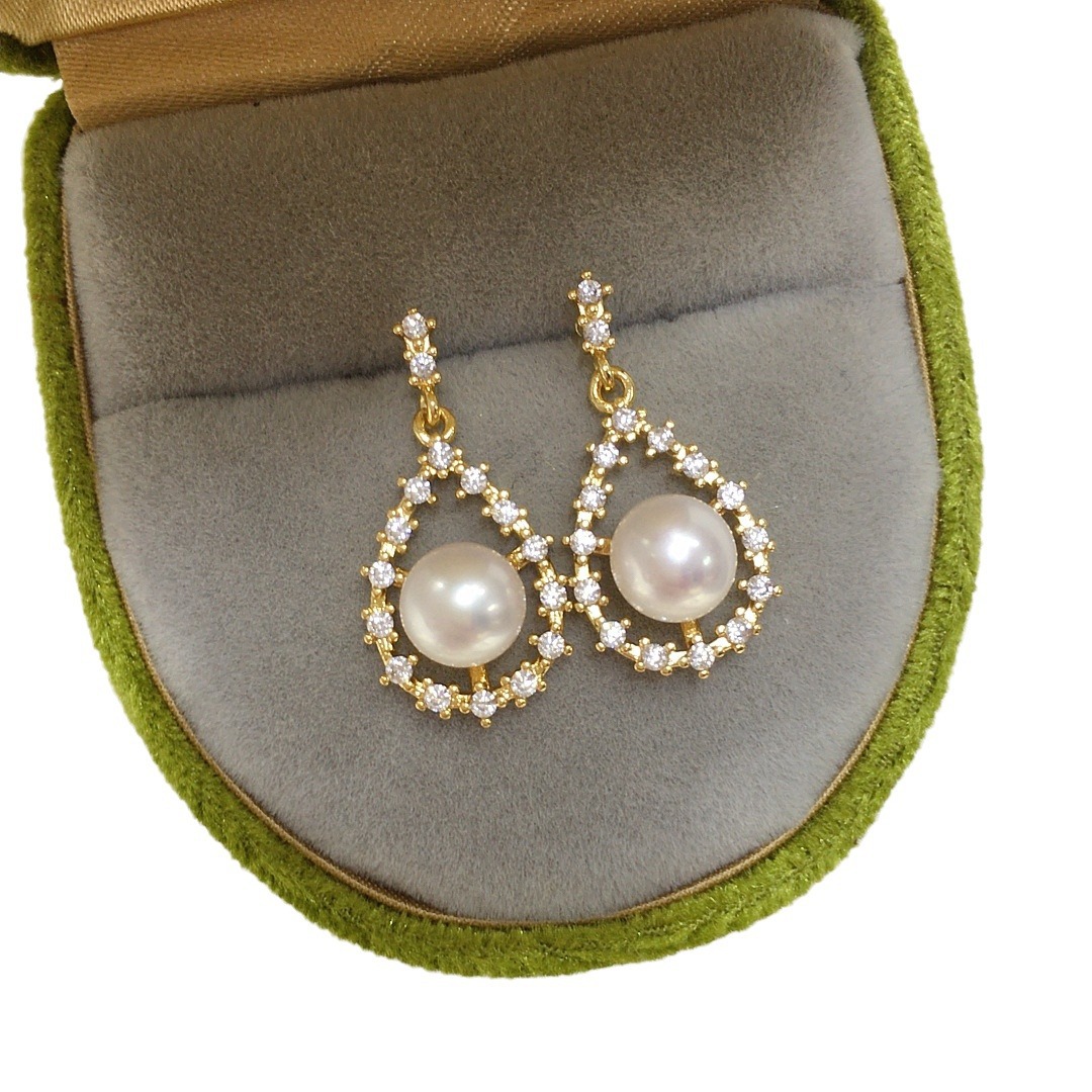 Picture of Zhuji Natural Freshwater Pearl Earrings Women's High-end Sense Zircon Drop Pearl Earrings 18K Gold Color Preservation Ears