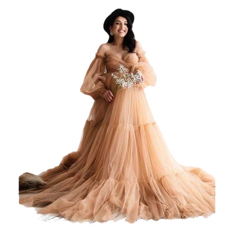 Europe and the United States foreign trade large size pregnant women light gauze mopping dress multi-layer pleated tube top long sleeve thin studio shooting dress