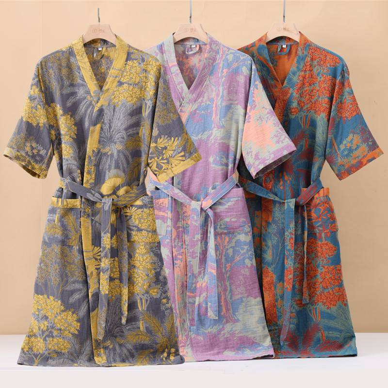 Pure Cotton Double Gauze Bathrobe Spring and Summer Thin Pajamas Home Clothes Nightgown Couple's Water Absorbent Quick-drying Bathrobe Category A
