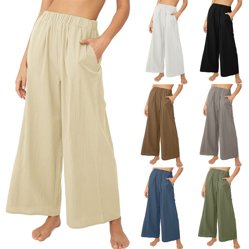 2023 Summer New Independent Station wish Cotton Linen Women's Solid Color High Waist Loose Casual Wide Leg Trousers
