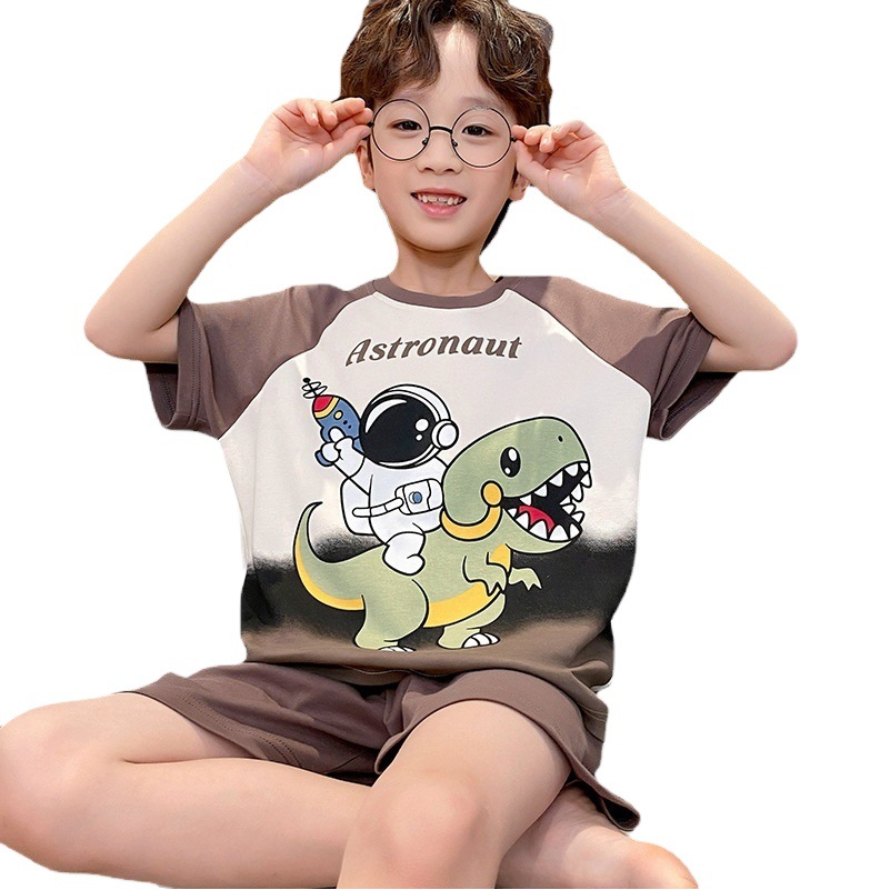 Summer Children's Pajamas Cute Cartoon Baby Boy's Round Neck Short Sleeve Shorts Loose Thin Middle and Large Children's Home Clothes