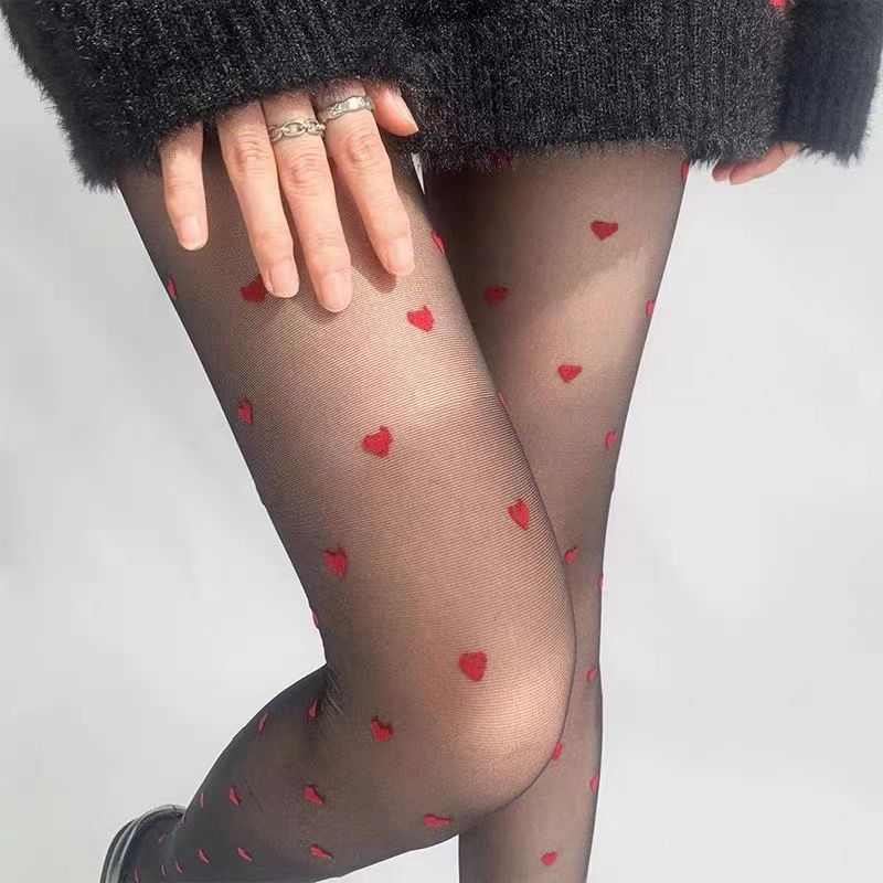 Pure Desire Red Small Love Silk Stockings Black Sexy Hot Girls Black Silk Women's Polka Dot Base Stockings Ultra-thin Penetration Pantyhose