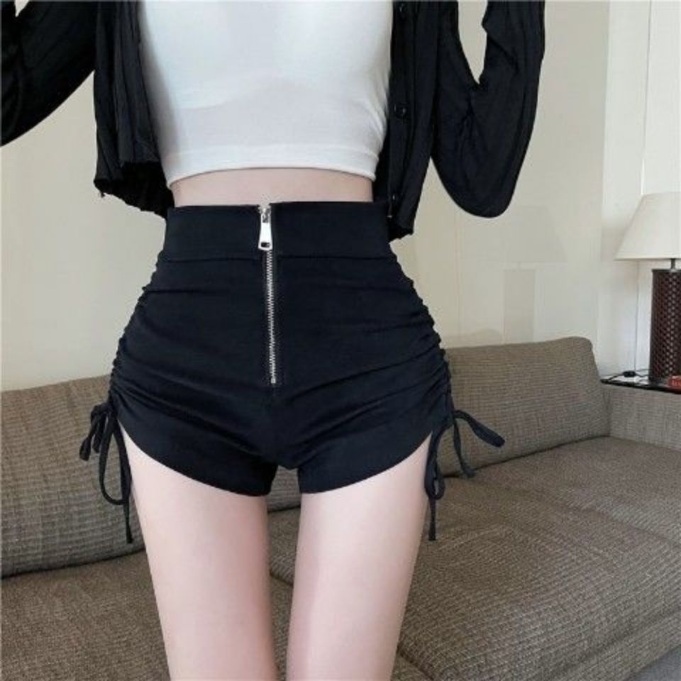 Design Sense Niche High Waist Slimming Pleated Drawstring Shorts All-match Solid Color Tight Casual Pants Women's Trendy Hot Girl Shorts