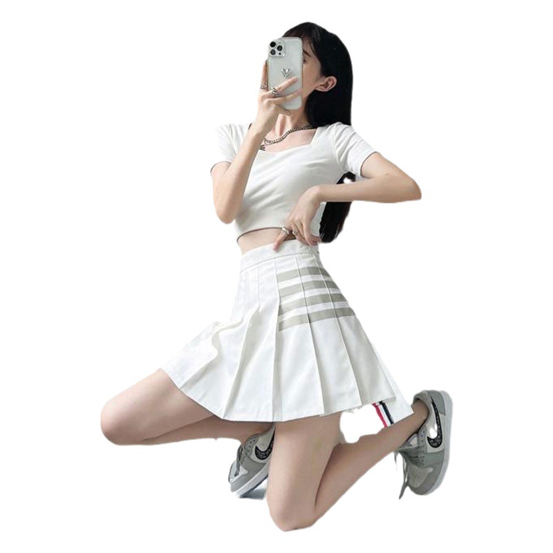 TB New Classic Basic Pleated Skirt Four Bar Striped Skirt High Waist Anti-running Korean A- line Skirt
