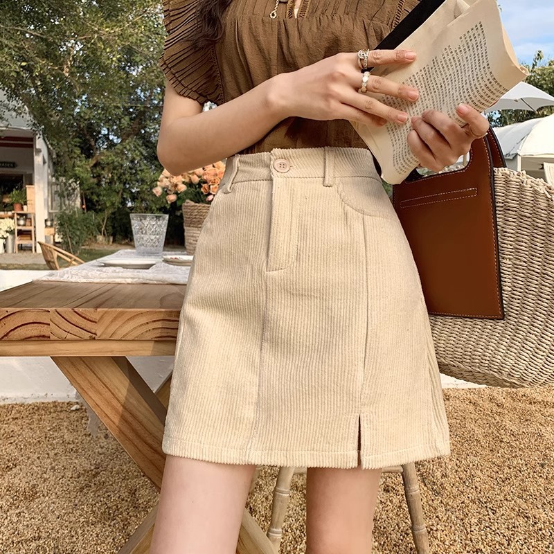 Corduroy Skirt Women's 2024 Spring and Autumn New Black High Waist A- shaped plus size Slim Sheath Skirt Small