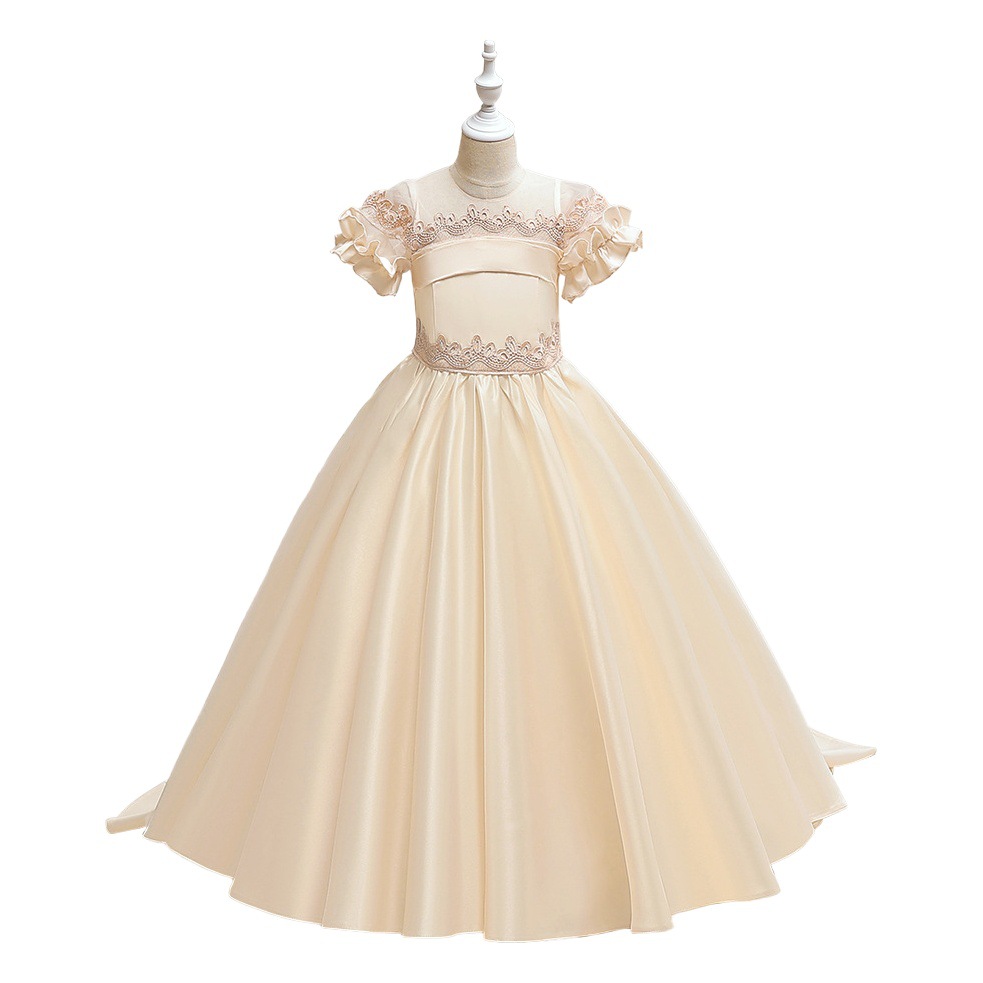 Wholesale New Flower Girl Wedding Dress Satin Tail Children's Dress Princess Dress Girl Catwalk Piano Performance Clothing