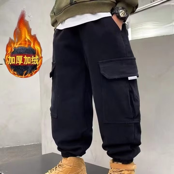 Picture of Winter Boys' Velvet Cargo Pants 2024 New Kidsren's Clothing All-In-One Velvet Casual Pants Winter Clothing Kidsren's Trendy Brand Pants