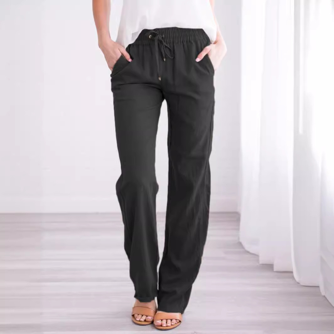 Picture of 2025 Cross-Border Ebay Amazon Wish Spring and Summer New Pure Color Cotton and Linen Loose Drawstring Casual Wide-Leg Pants for Women