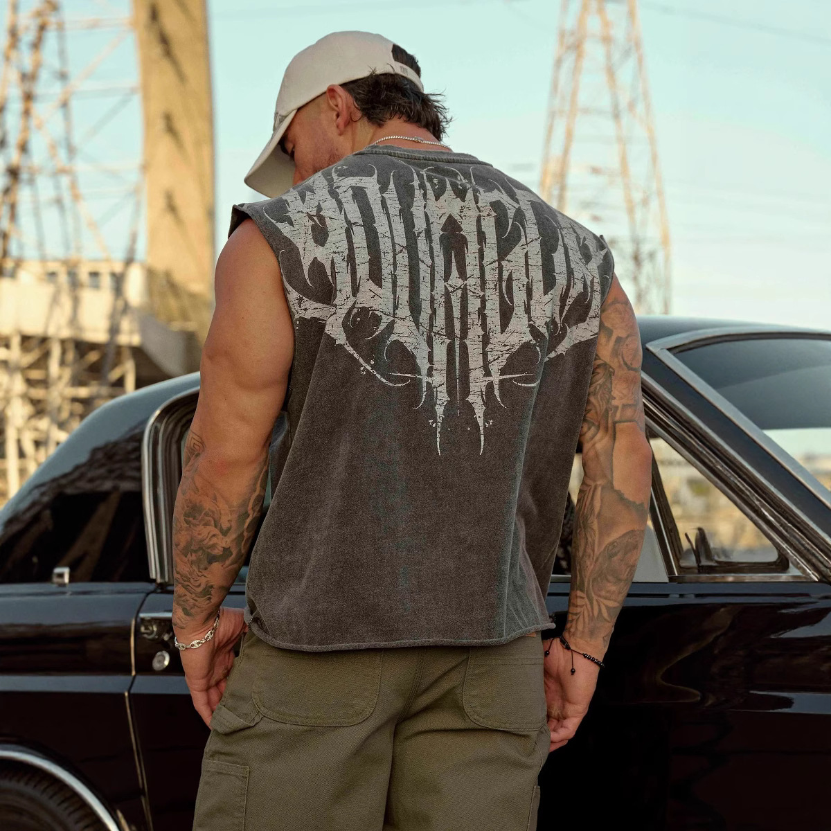 Picture of Summer American Style Trendy Brand YOUNG Letter Vest Men's Wide Shoulder plus size Fashion Sports Fitness Running Casual T-Shirt