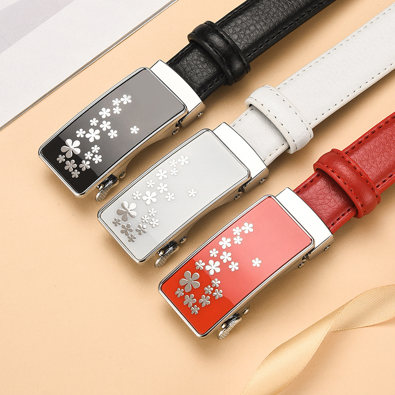 New Style Internet Celebrant Women's Belt Genuine Leather Automatic Buckle Belt Women's Fashionable All-match Korean Style Internet Celebrant Decorative Belt with Flowers
