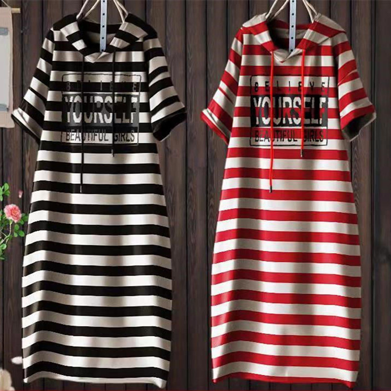 Short sleeve plus size striped T-shirt skirt 2022 summer new hooded mid-length printed dress