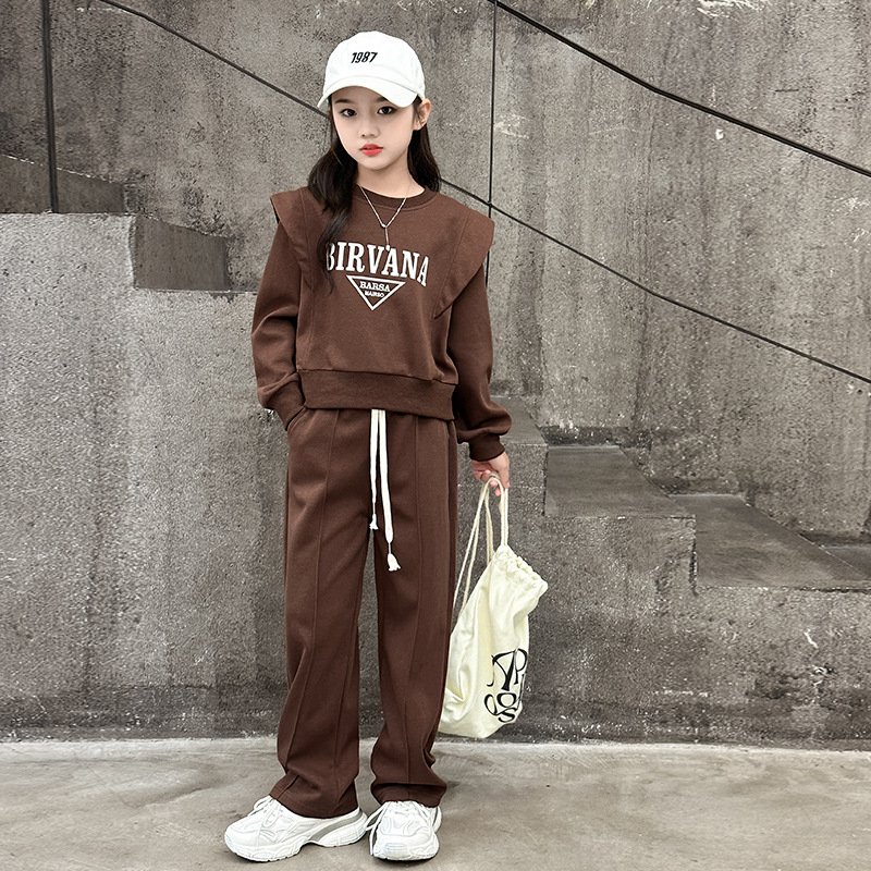 Girls' Spring and Autumn New Fashion Western-style Letter Two-piece Set for Primary and Secondary School Girls Long-sleeved Trousers Autumn suit
