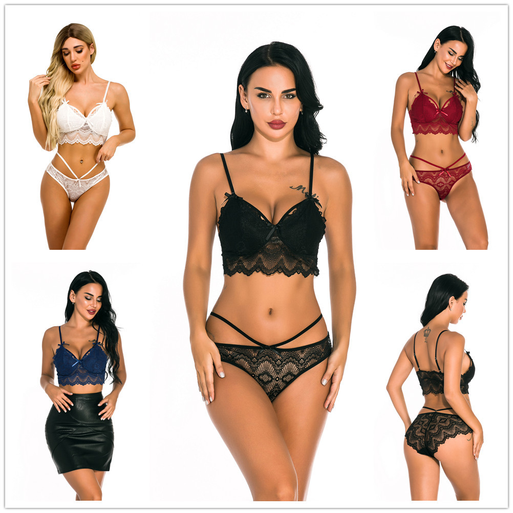 European and American women's lace sexy lingerie sexy high waist strap sexy suit three-piece set foreign trade supply