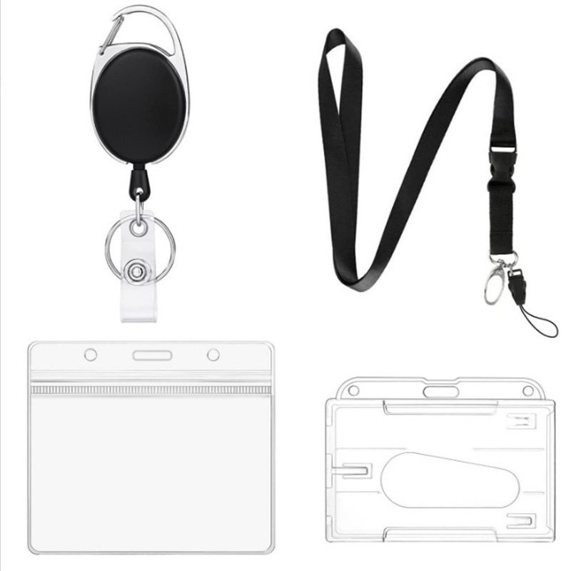 In stock zinc alloy Oval retractable easy pull buckle easy pull ribbon lanyard PVC transparent card holder suit