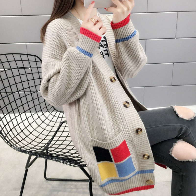 Picture of New Thickened Contrast Color Pocket Knitted Cardigan Women's 2024 Korean Style Autumn and Winter Loose Women's Outer Sweater Jacket Trendy