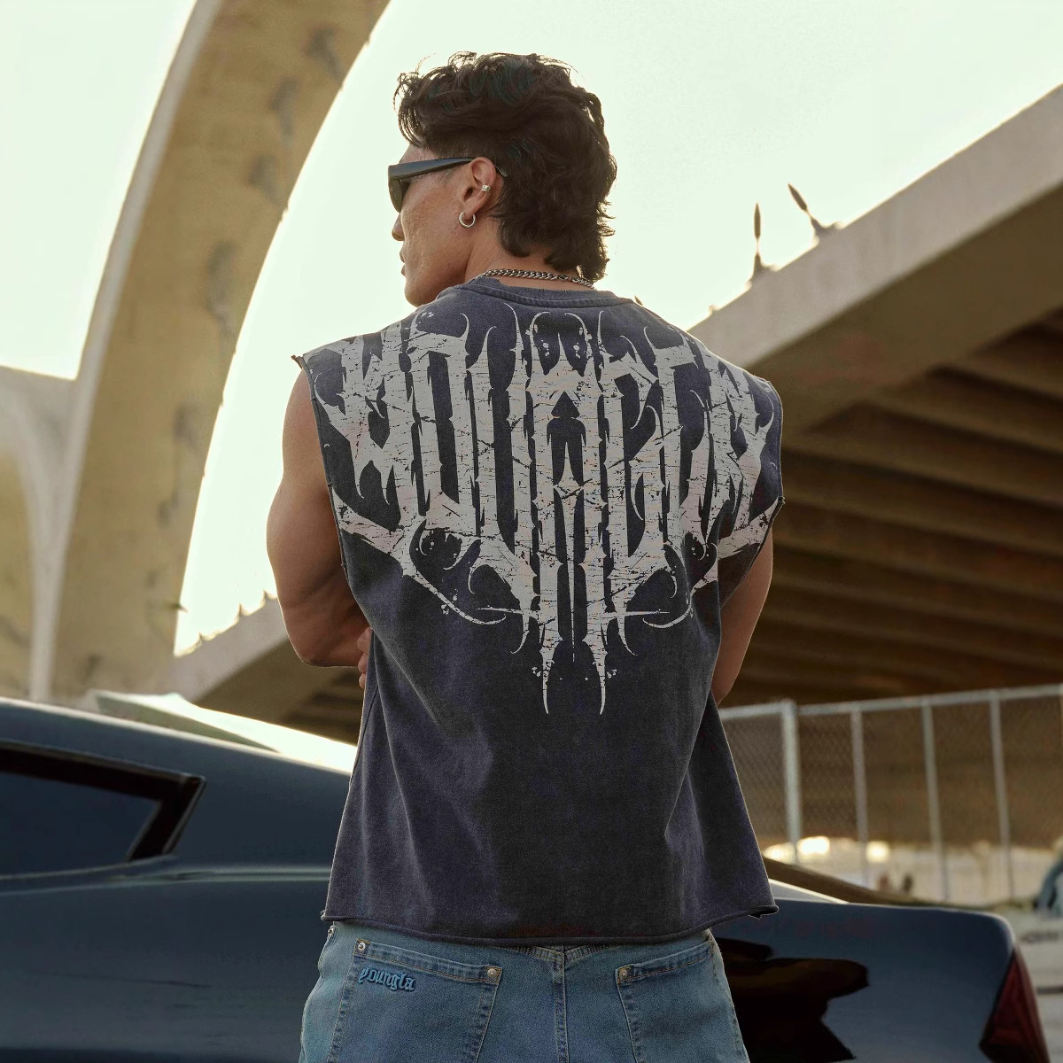 Summer American Style Trendy Brand YOUNG Letter Vest Men's Wide Shoulder plus size Fashion Sports Fitness Running Casual T-Shirt