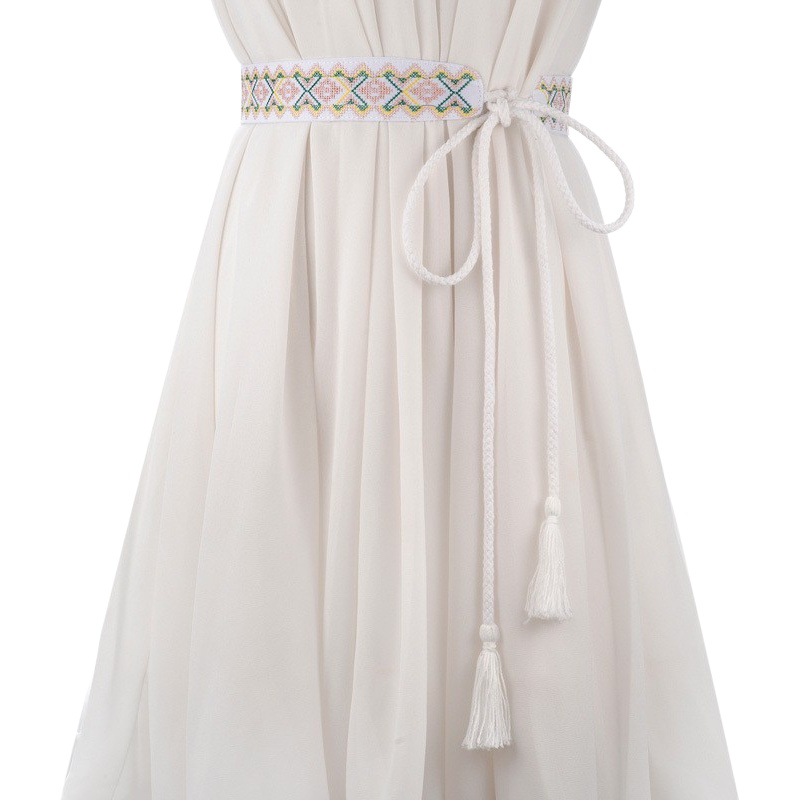 New Artist Style Embroidered Weaving Women's Wide Belt with Skirt Long Knot Belt Tassel Decorative Waist Chain for Women