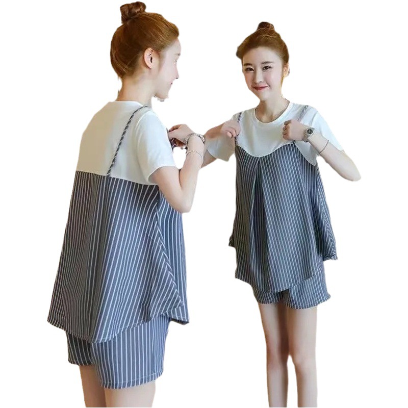 Pregnant Women's Short-sleeved Two-piece Summer Suit Fashion Stitching Trendy Mother's Outer Wear All-match Pure Cotton Summer Wear Thin Pregnant Women's Suit