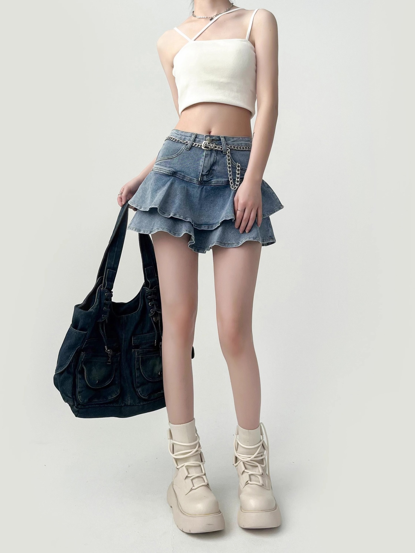 American Hot Girl Denim Skirt Women's Summer 2025 New High-Waist Slimming Look A-Line Skirt Ruffled Hip Skirt