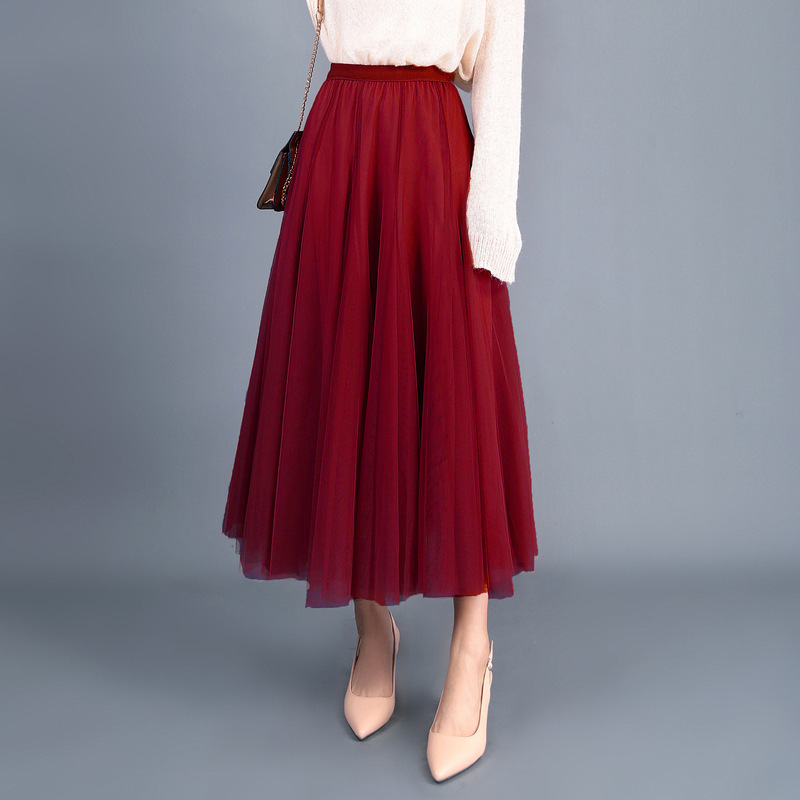 Multicolor Mesh Skirt Women's Spring and Autumn Slimming Large Swing Skirt Pleated Skirt Fashion Skirt Draped Skirt Spring and Autumn