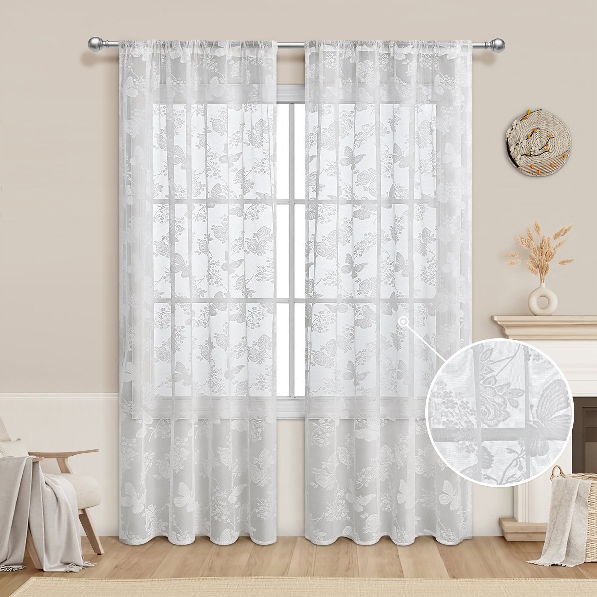 Picture of TEMU in stock window screen generation cross-border butterfly love flower white lace window screen SHEIN semi-shading finished curtain