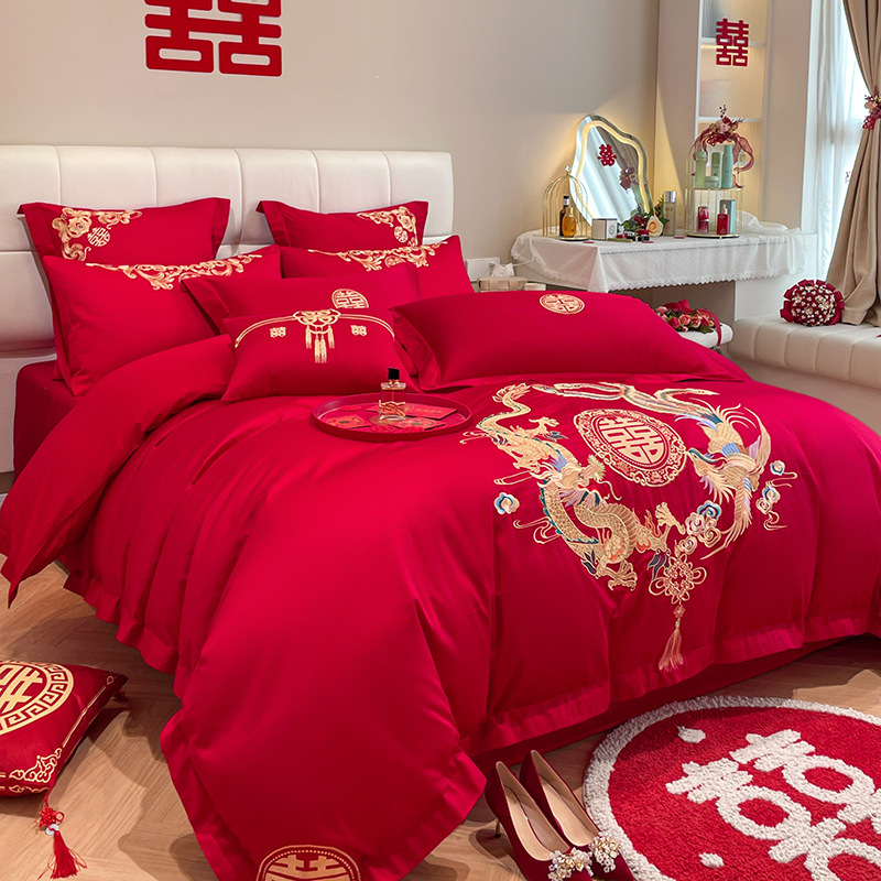 Picture of High-end Chinese Dragon and Phoenix Embroidery Fashion Wedding Four-piece Wedding Big Red Bed Sheet Quilt Cover Accompanying Bedding