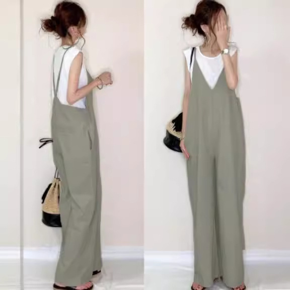 Large number of in stock V-neck jumpsuit women's 2024 summer new Japanese women's clothing loose all-match stitching casual wide leg pants