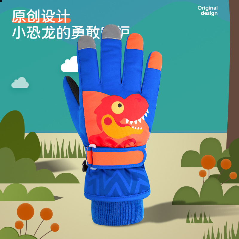 Picture of Children's Winter Ski Gloves Windproof and Warm Velvet Thickened Non-Slip Waterproof Small Dinosaur Gloves for Riding