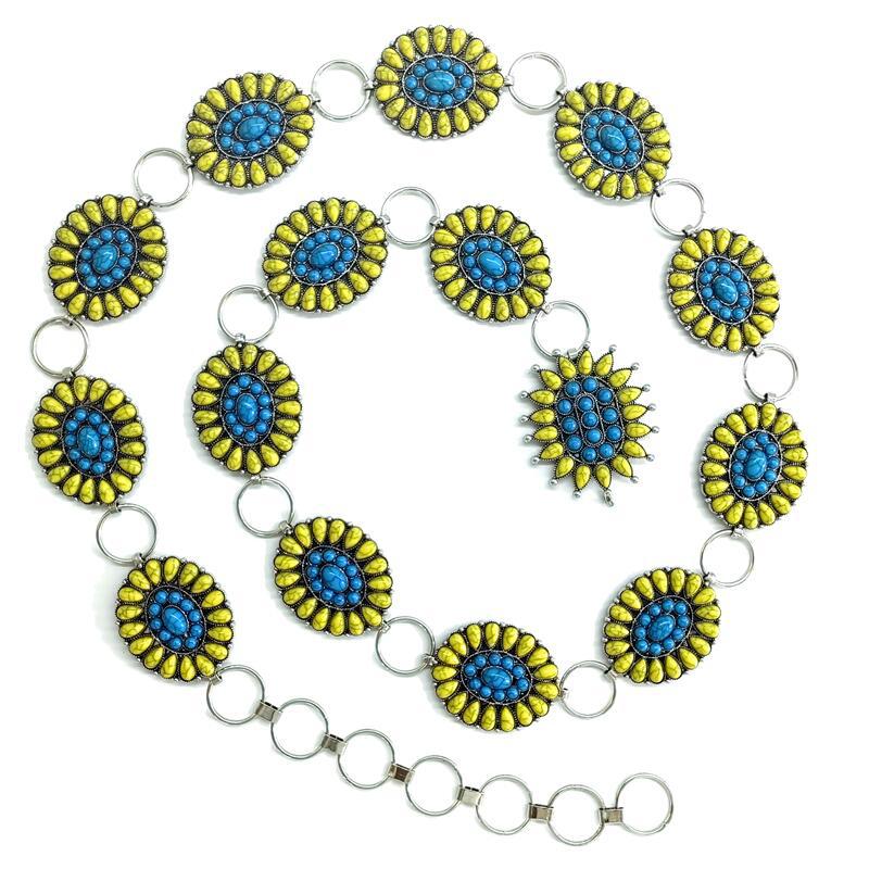 Cross border jewelry original designer factory wholesale turquoise color metal carving inlay retro fashion waist chain
