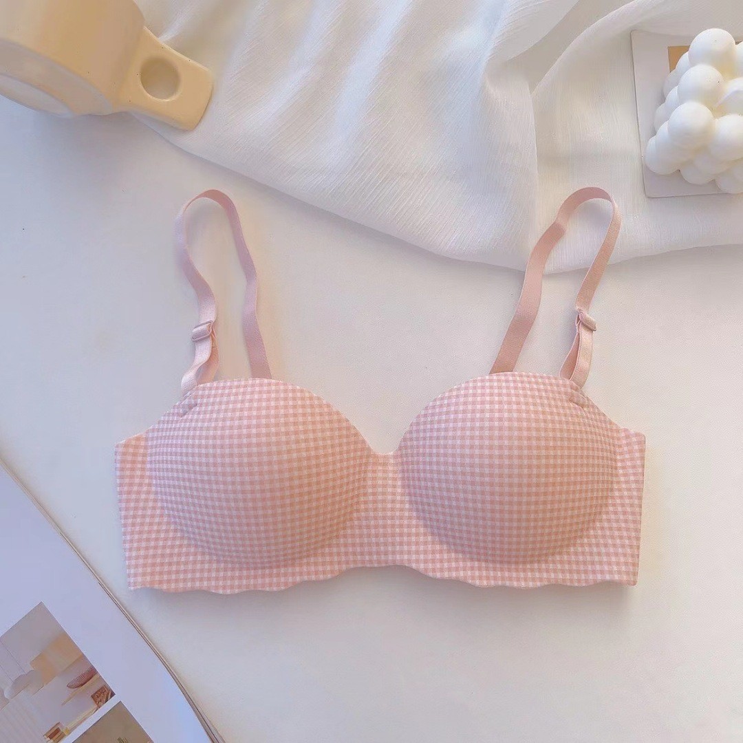 Picture of Half cup Plaid girl underwear one piece Palm Cup seamless small chest gathered wireless bra student bra