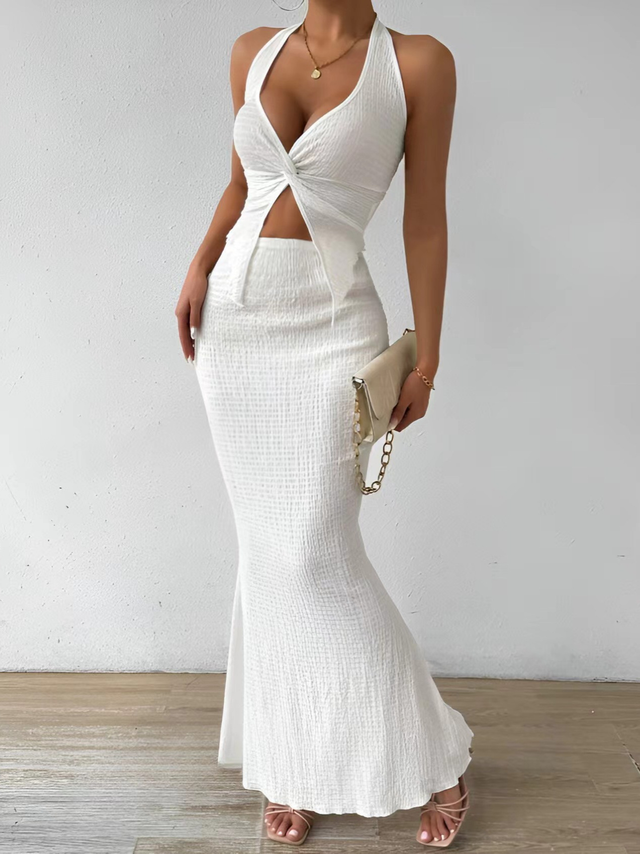 Picture of European and American Cross-border Croissant Women's Summer Solid Color Twist Front Hanging Neck Crop Top and Fishtail Midi Skirt Elegant Double
