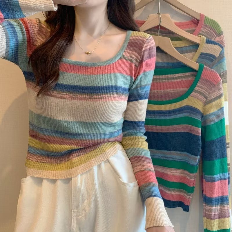 Plus size chubby girl rainbow striped knitted bottoming shirt for women autumn and winter slim fit slimming design sense niche long sleeve woolen top