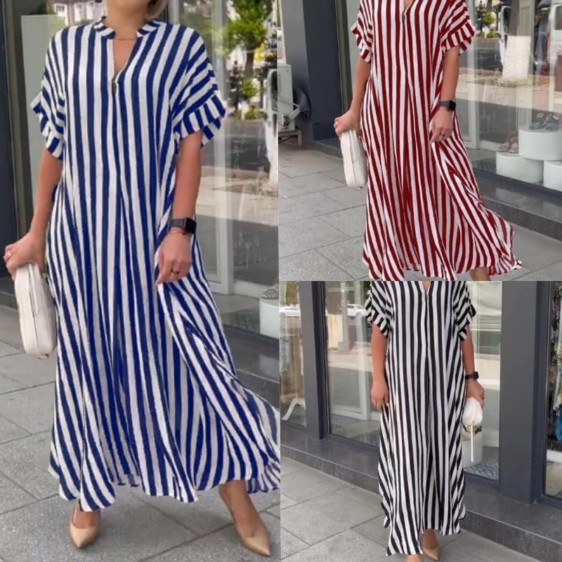 New European and American Cross-border Women's Clothing Amazon Independent Station Fashion Side Split Stripe Loose Casual Short-sleeved dress
