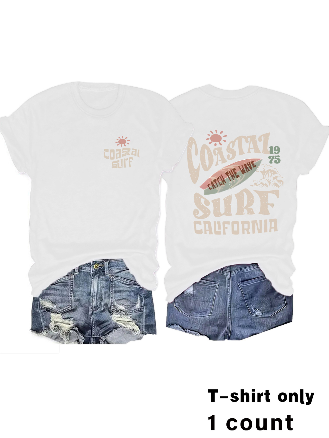 Picture of European and American Round Neck Vintage Coastal Surf Californiamatc Top Women's T-Shirt Loose Short Sleeves